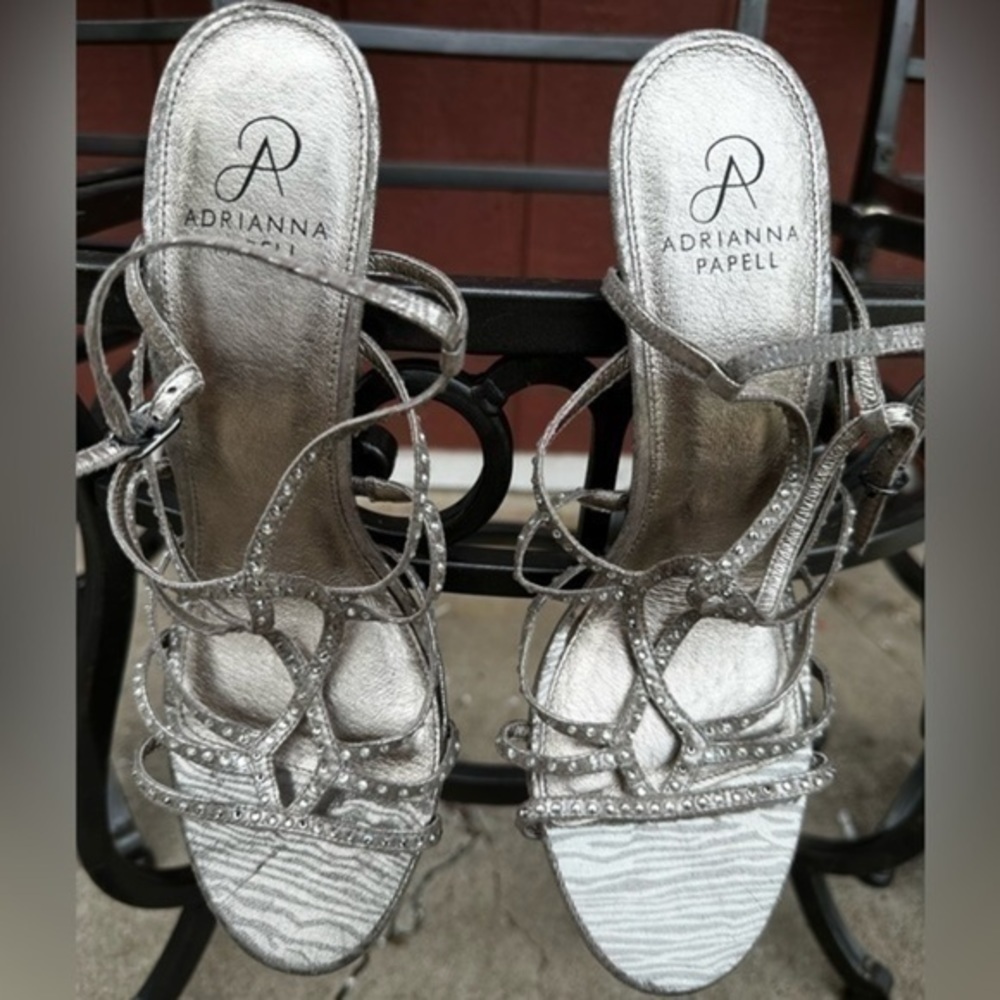 ADRIANNA PAPELL SILVER PLATFORM RHINESTONE HEELS